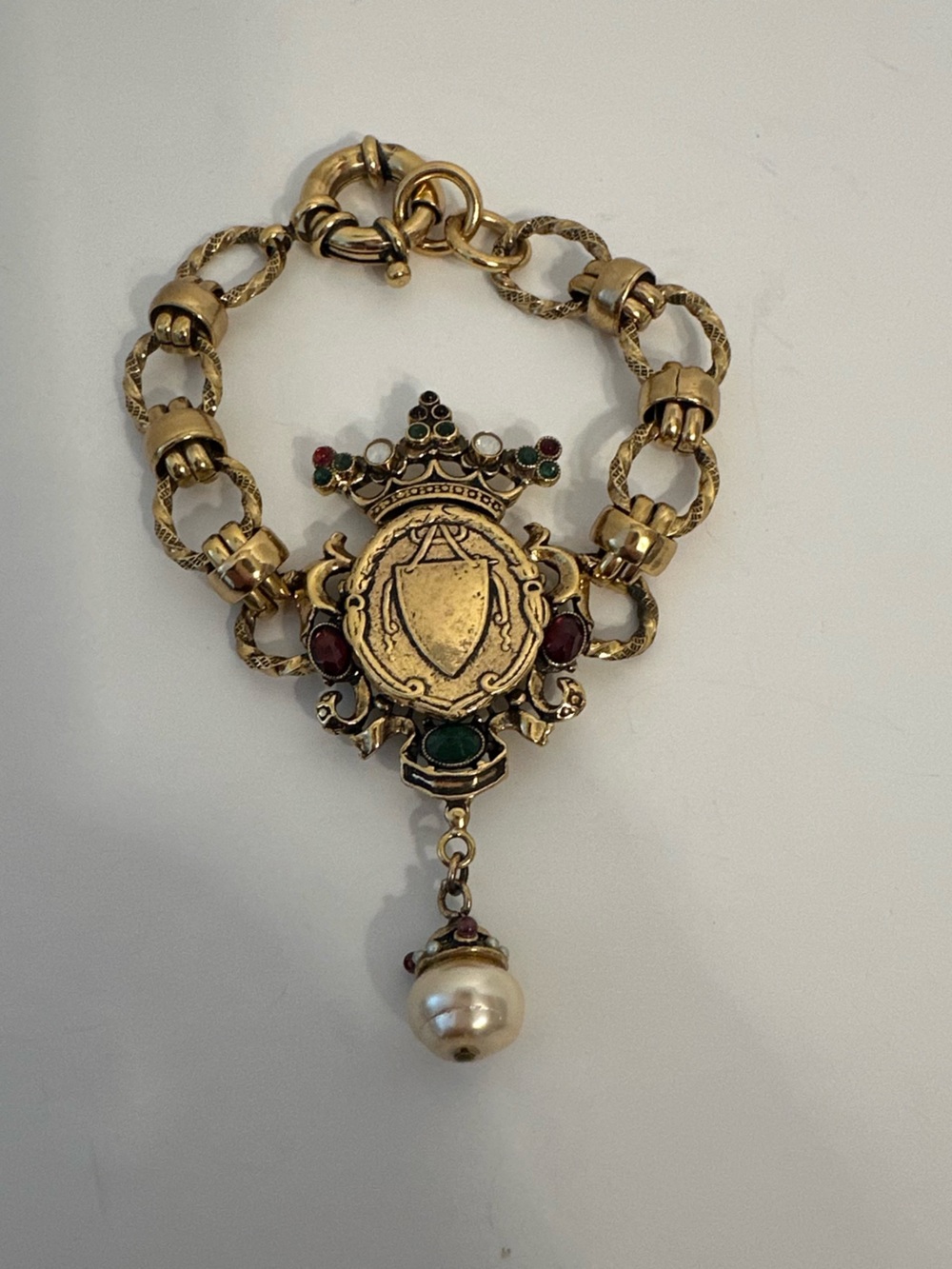 Gold-Tone Crest Bracelet with Red, Green & Pearl Drop
